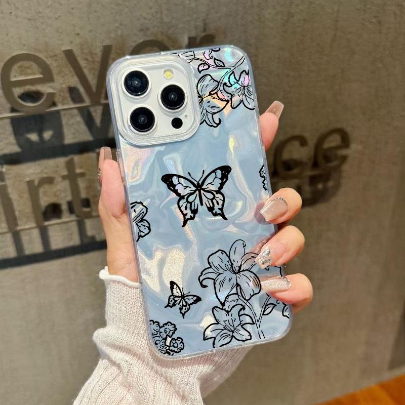 Прозрачный мягкий противоударный чехол с принтом бабочек для iPhone 16 Pro Max 15 14 Pro 13 12 11, блестящая жесткая задняя крышка из поликарбоната с перьями