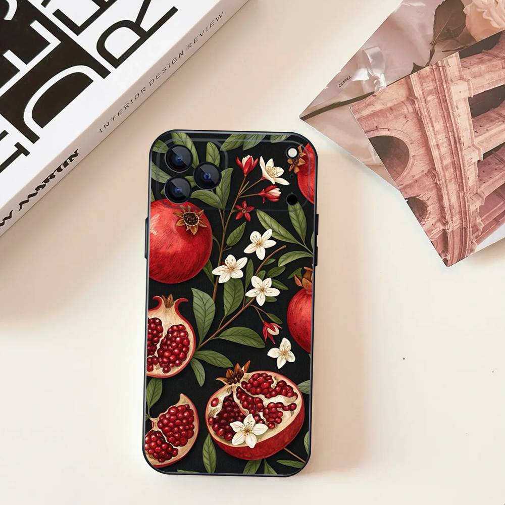 Узор 'Цветок граната' Для iPhone 17,16,15,14,13,12,11,Pro,Max,Plus,E,SE4,Air,Mini Черный Мягкий Чехол для Телефона