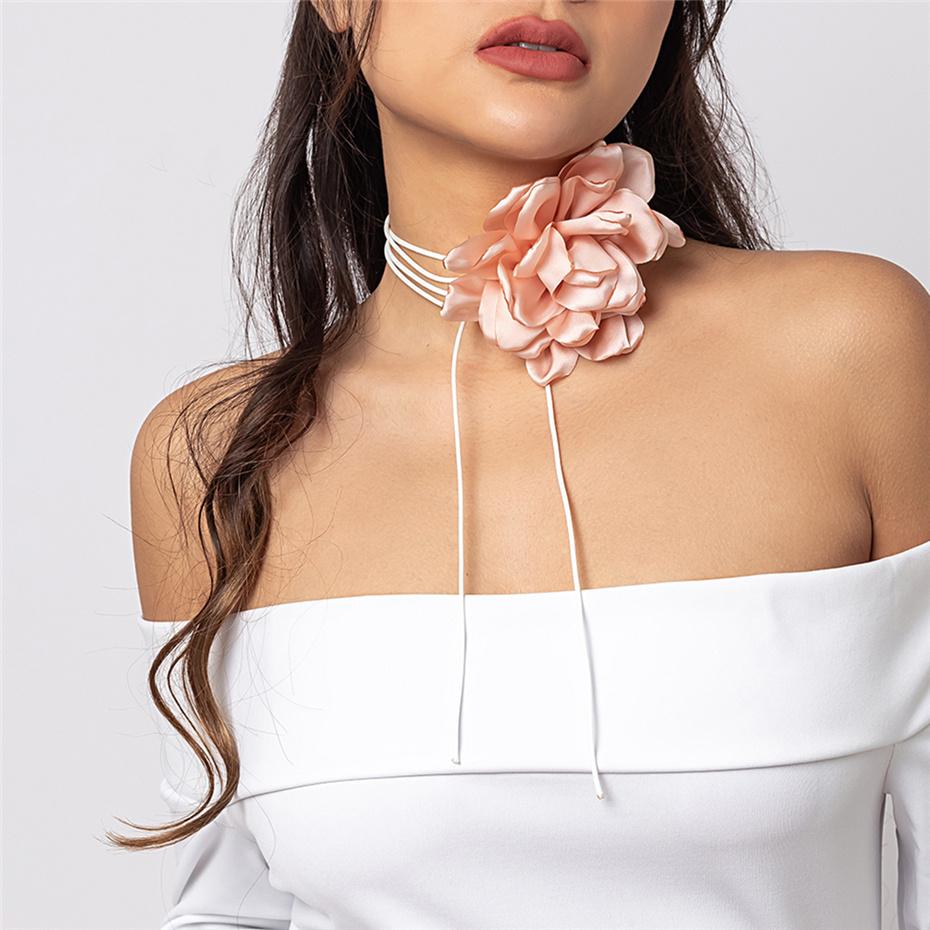 Ingemark Exaggerated Elegant Big Rose Flower Clavicle Chain Necklace Women Kpop Adjustable Bowknot Rope Choker Y2K Accessories