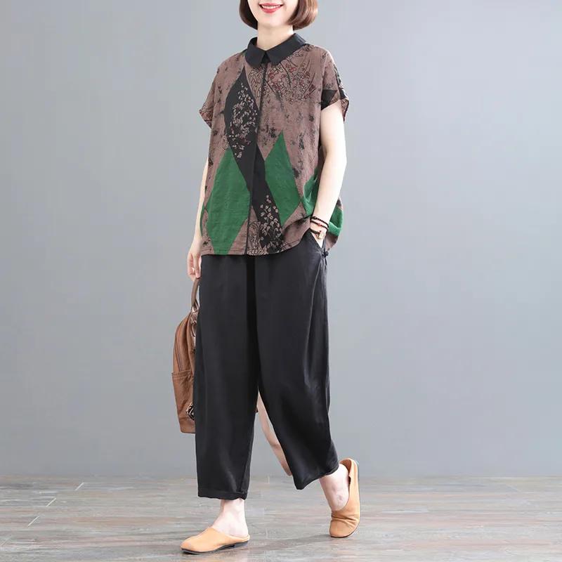 Костюм больших размеров, женский летний, с короткими рукавами, свободные брюки с завязками на талии, костюм из двух частей