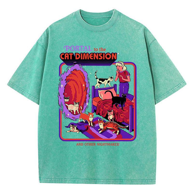 Принт «Портал в кошачье измерение» Стирка Ретро Мужская футболка Летняя Свободная Хлопковая Футболка Дышащая Одежда Оверсайз Повседневные Футболки