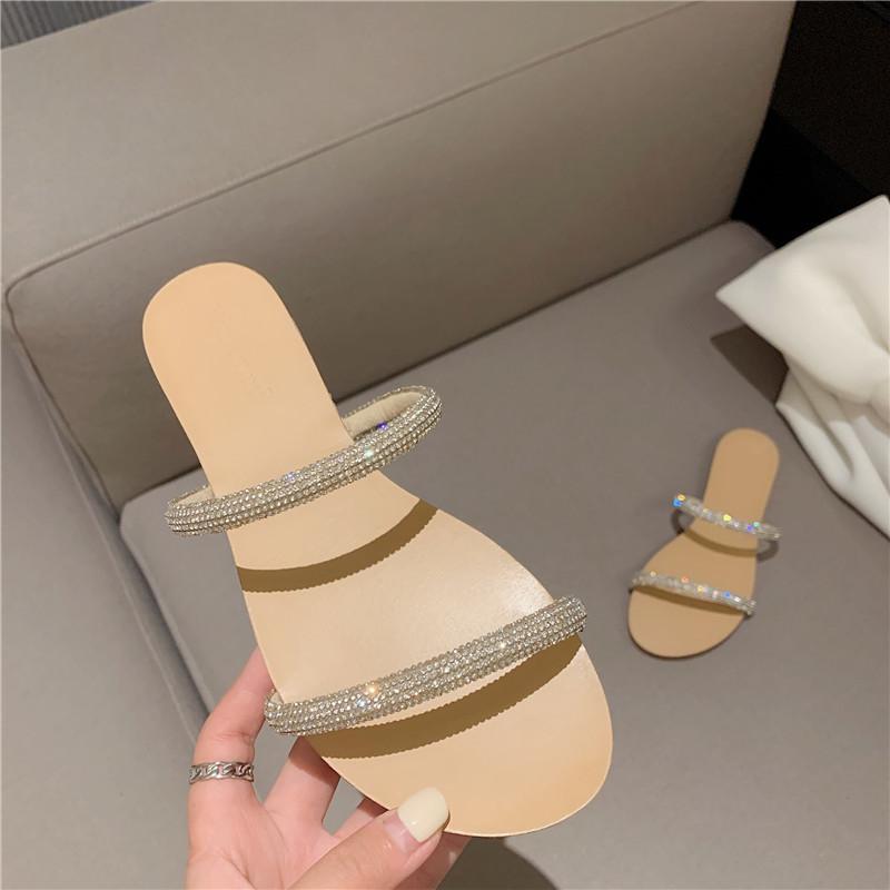 Internet Celebrity Versatile Temperament Sandals 2025 Summer New Fairy Wind Word with Rhinestone Flat Bottom Cover Toe Cool Slippers Outside Wear