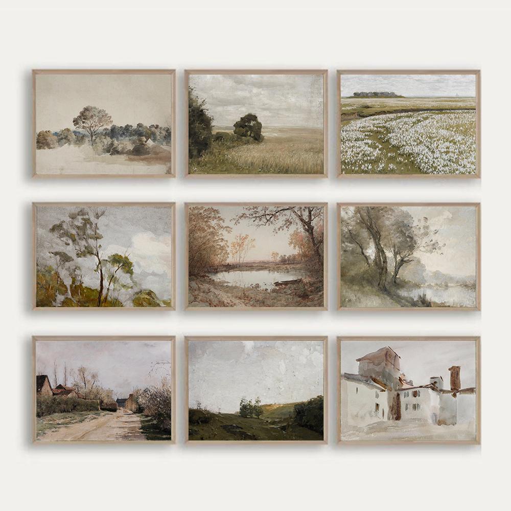 Ретро настенное искусство, скандинавская картина на холсте, настенный постер и принты, винтажное деревенское поле, пейзажное украшение, картина для гостиной