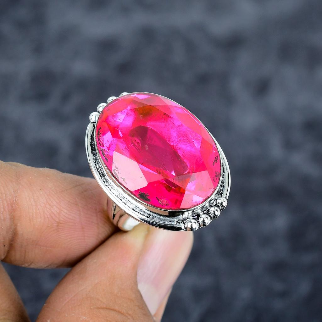 Pink Rubillite Gemstone Handmade 925 Sterling Silver Jewelry Ring Size 7 M-2777