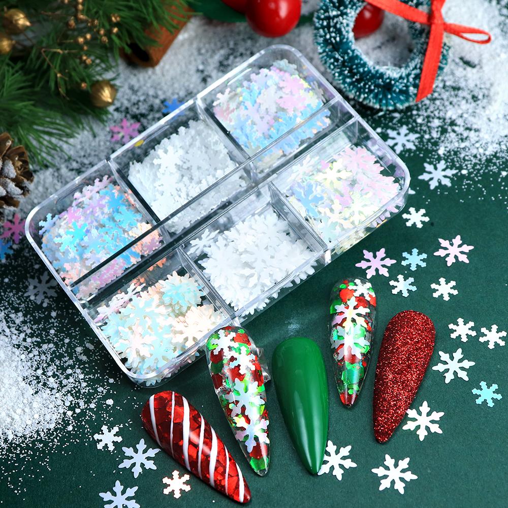 6-Grid Boxed Snowflake Nail Glitter Mixed Color Christmas Nail Art Glitter For DIY Accessories For Winter and Christmas