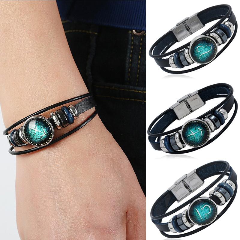 Multi Layer Constellation Leather Bracelet 12 Zodiac Sign Adjustable Fashion Jewelry for Unisex Gift Occasion