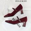 Women's Shoes with Thick Heel, Mid Heel, Shallow Mouth Splicing, Square Toe, Straight Line with Rhinestone Buckle, Single Shoe, Mary Jane Shoes