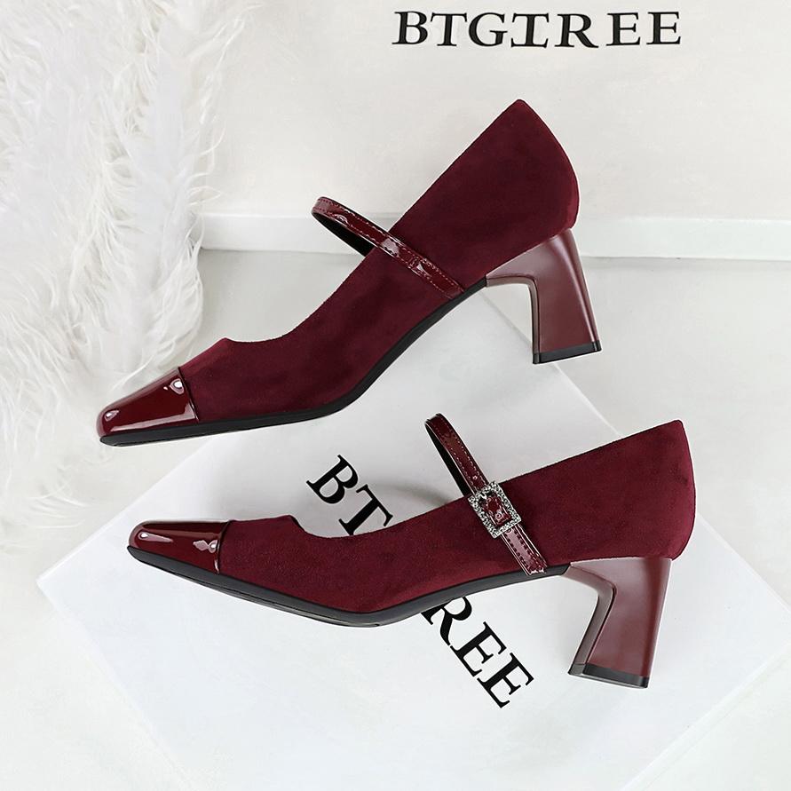 Women's Shoes with Thick Heel, Mid Heel, Shallow Mouth Splicing, Square Toe, Straight Line with Rhinestone Buckle, Single Shoe, Mary Jane Shoes