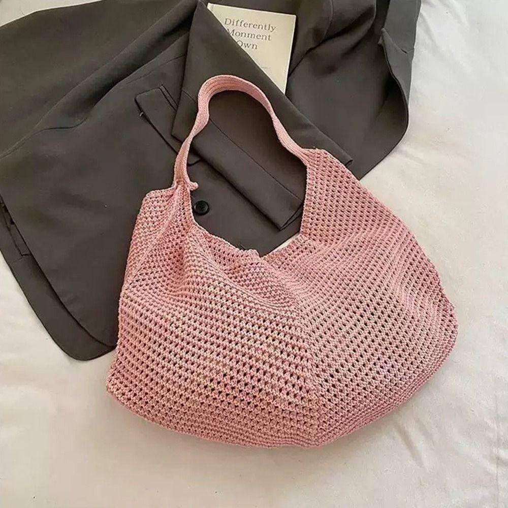Hollow Woven Single Shoulder Bag Knitted Design Mesh Material Large Capacity Bag Solid Color Crochet Pattern Woven Armpit Bag