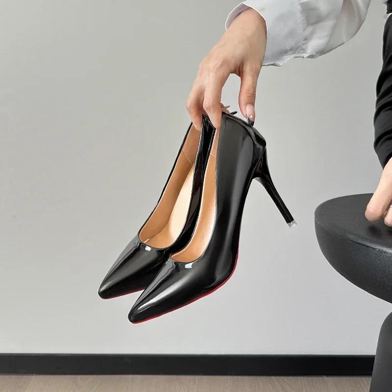 Дизайнерские туфли весна-осень из лакированной кожи, женские туфли на каблуках, модные женские туфли-лодочки на шпильках, сексуальные женские туфли с красной подошвой, праздничные туфли