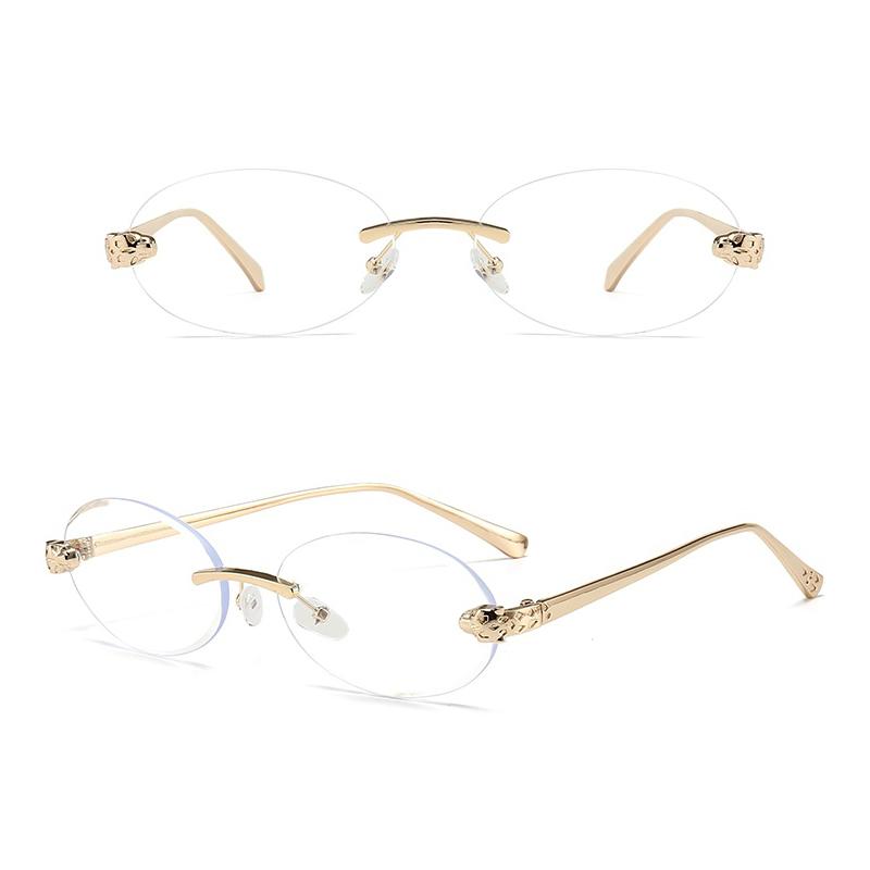 Fashion Retro Women Anti-UV Rimless Oval Sunglasses Luxury Leopard Head Metal Decor Gradient Lens Men Sunscreen Eyewear