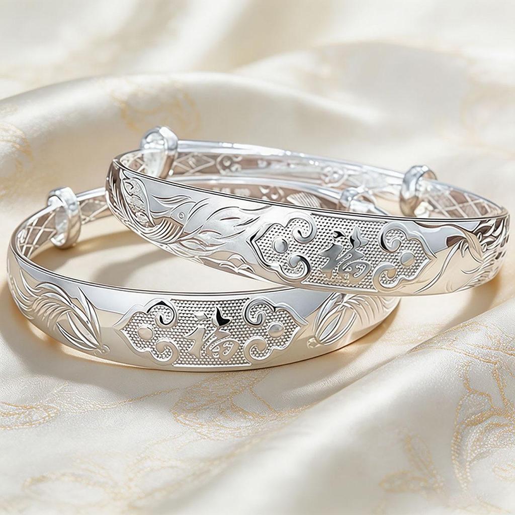 Dragon and Phoenix Fu silver bracelet for women, adjustable, new style with blooming flowers, wrist accessory, new Chinese style, daily wear