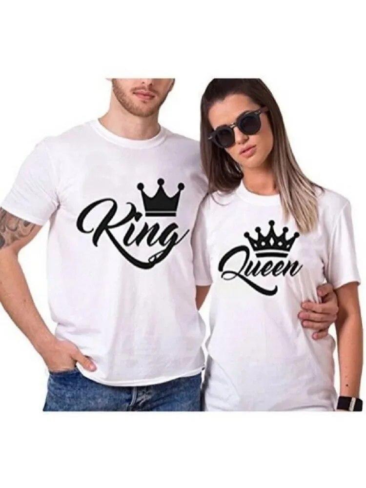 Футболка из 100% хлопка KING QUEEN с принтом Короны, черно-белые футболки, летние повседневные футболки для влюбленных пар, топы, одежда унисекс