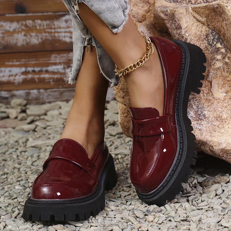 Patent Leather Med Heel Loafers Shoes Women Solid Color Slip-On Platform Pumps Woman Thick Bottom Non-Slip Office Shoes Female