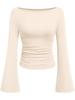 2025 Autumn Slim Fit Women's Boat Neck Bell Sleeve Ruched Top - Solid Color, Long Sleeve