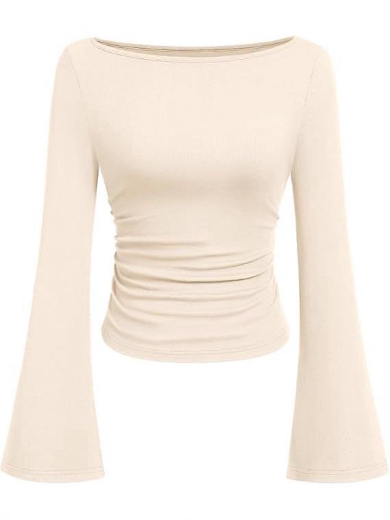 2025 Autumn Slim Fit Women's Boat Neck Bell Sleeve Ruched Top - Solid Color, Long Sleeve