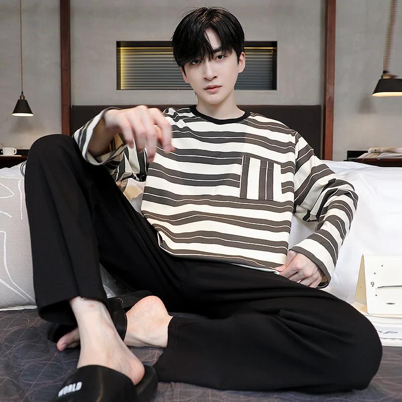 Осенний комплект из двух частей с длинными рукавами из хлопка, весенние длинные штаны, пижама для молодежи, мужская домашняя одежда, полосатая ночная рубашка для мальчика