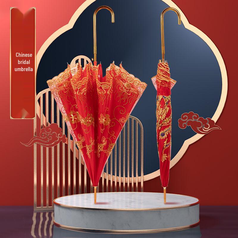 Ярко-красный вышитый свадебный зонт с кружевным краем и длинной ручкой