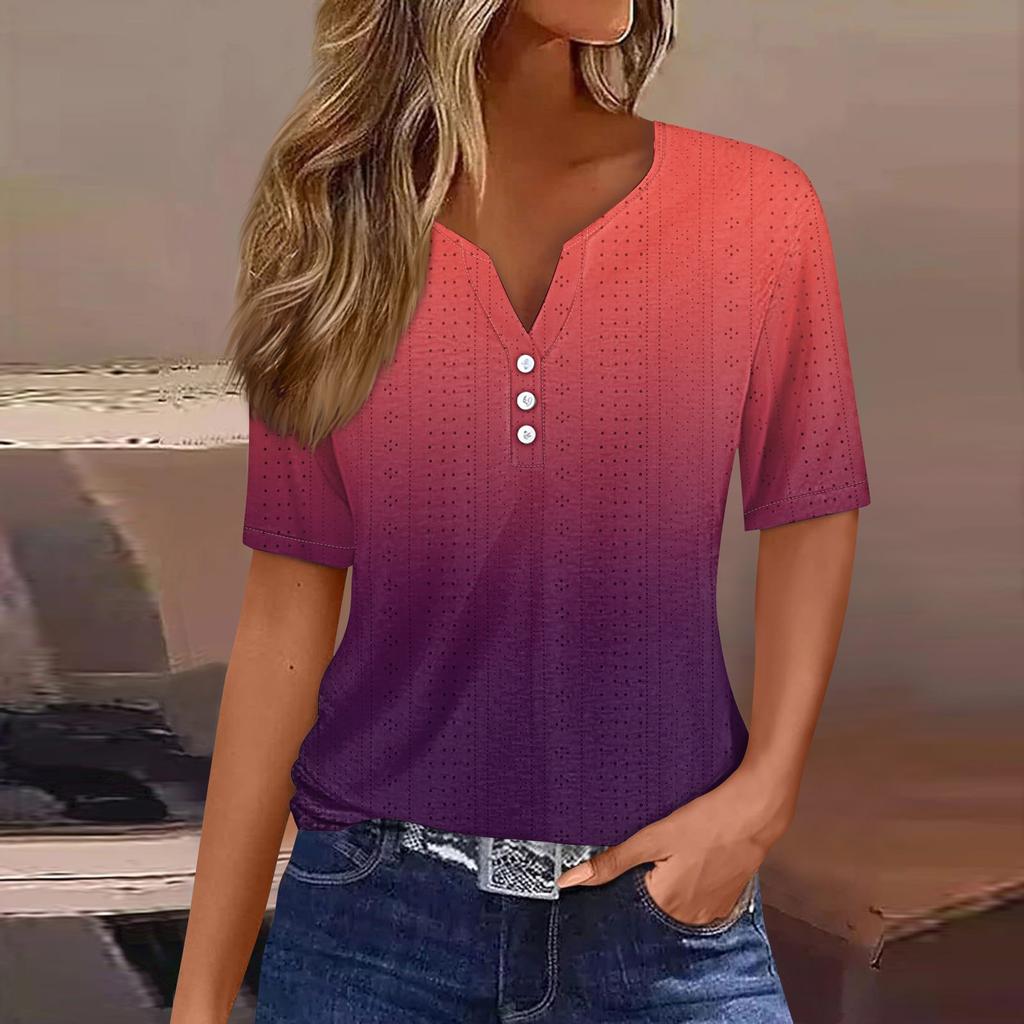 Женская повседневная футболка с v-образным вырезом и короткими рукавами, декоративная футболка на пуговицах, топ