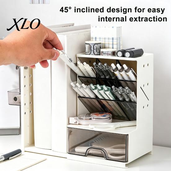 Desk Organizer with Pen Holder Retractable Bookends And Pegboard, Multi-Functional Angled Makeup Professional Workspace Brush Holder, Compact