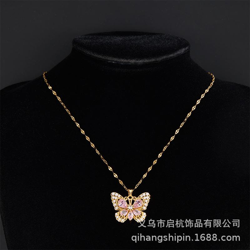 Light Luxury Design Pink Zirconium Butterfly Necklace Women'S Simple Ol Versatile Pearl Pendant Jewelry