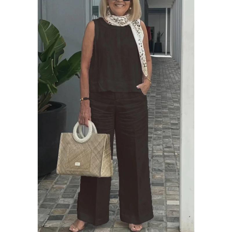 VEZFAA Женские модные повседневные летние весенние однотонные принтованные брюки без рукавов с круглым вырезом костюмы