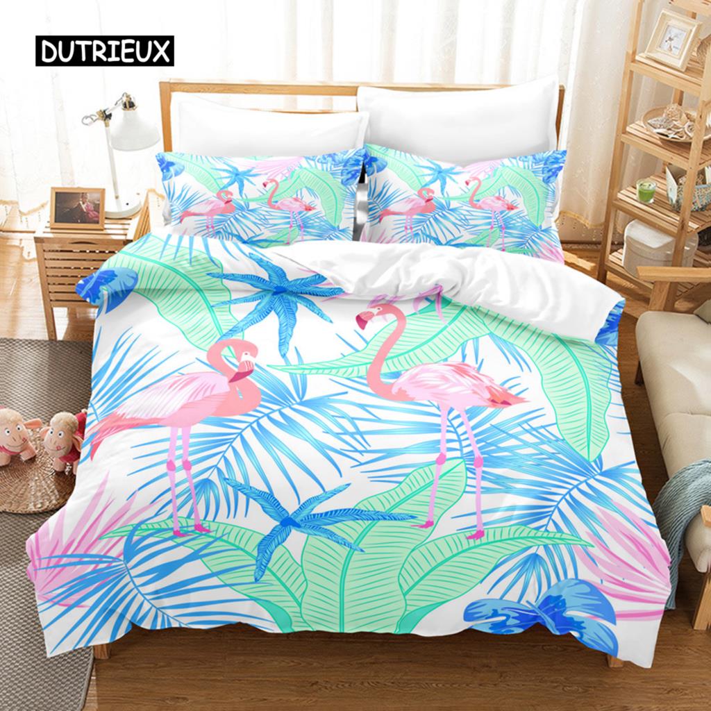 Комплект постельного белья с изображением фламинго, тропическое животное, комплект постельного белья с изображением листьев пальмы, полиэстер, тема природы, королевское одеяло, покрывало