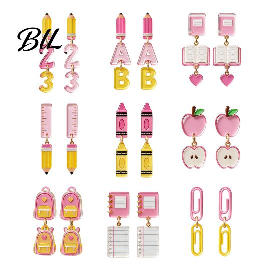 Personalized School Life Ornaments 1 Pair Teacher Earrings for Women, Cute 2D Acrylic Crayon Pencil Backpack Dangle Number Alphabet Earrings,