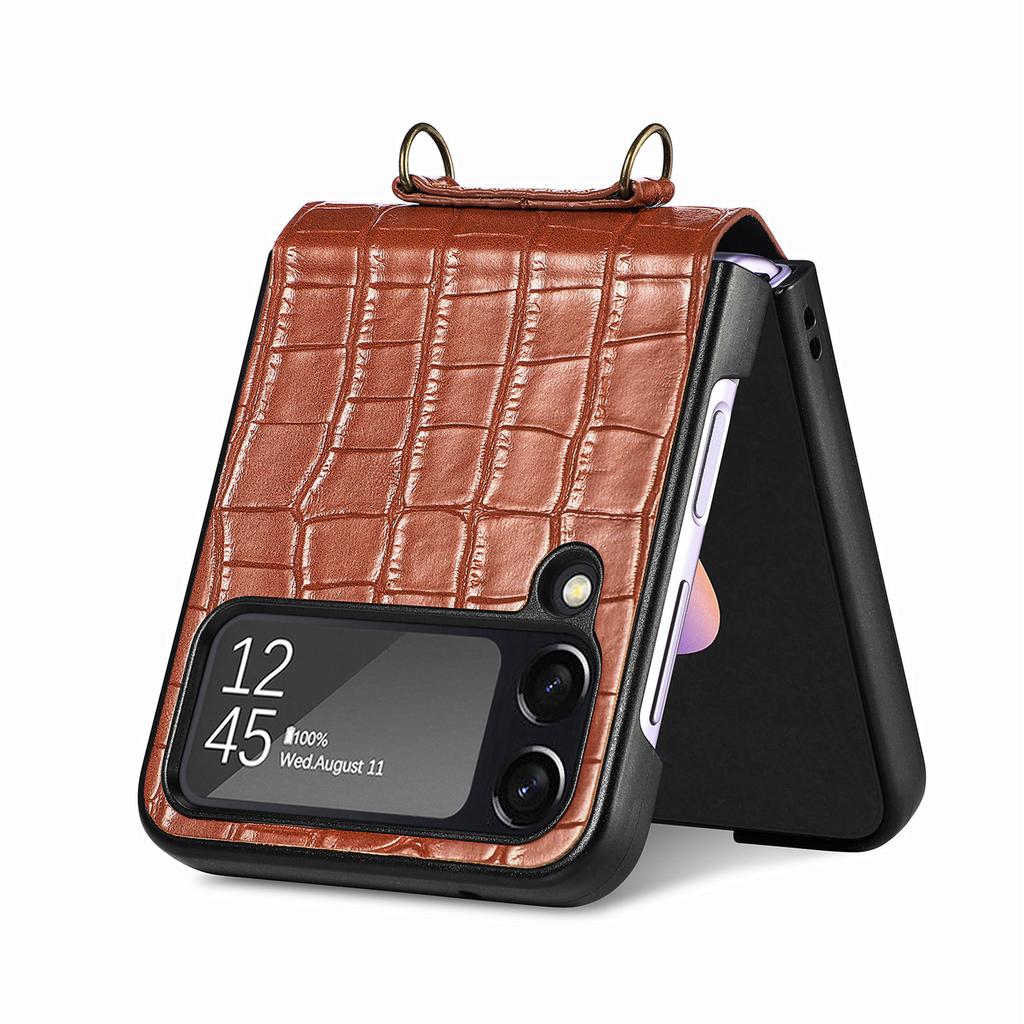 Чехол из натуральной кожи с ремешком для карточек для Samsung Galaxy Z Flip 4 5G Flip4, кошелек-подставка с крокодиловым узором, задняя крышка