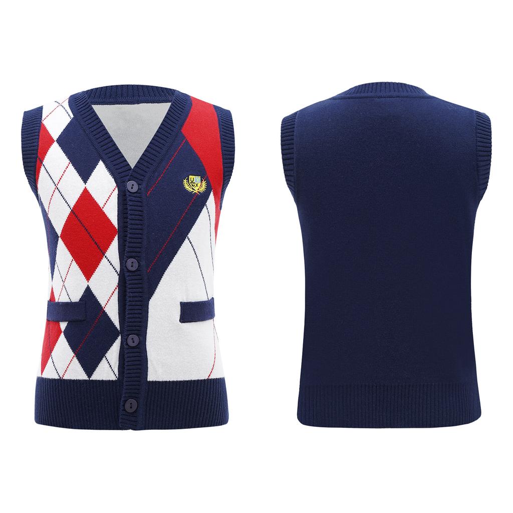 Детская стильная одежда для мальчиков без рукавов с v-образным вырезом и ромбовидным принтом, вязаный жилет на пуговицах, топ