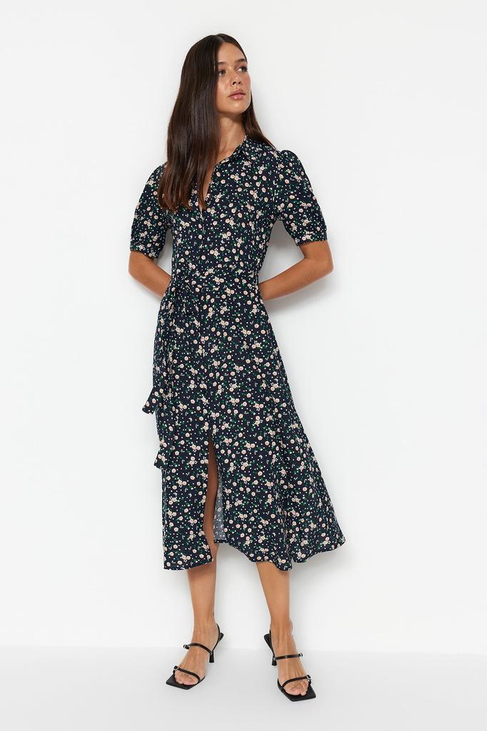 Women's Fashion New Dress Black Floral Pattern Slit Woven Shirt Dress