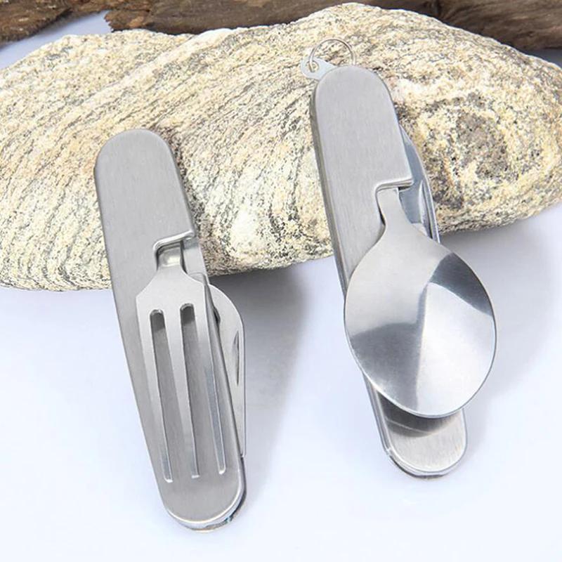 4 In 1 Outdoor Camping Tableware Folding Spoon Fork Knife Opener Stainless Steel Portable Pocket Sets for Hiking Travel Survival