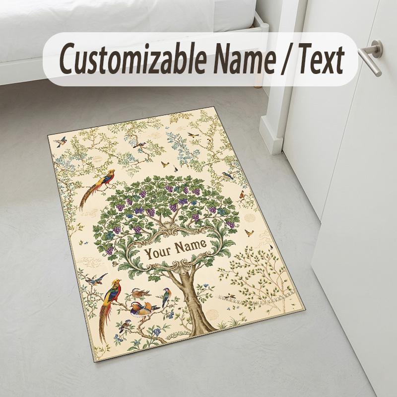 Birds Theme Soft Crystal Velvet Rug Custom Name & Text Print Non Slip Floor Rug for Bedroom Living Room