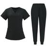 Women's Short Sleeved Solid Color V Neck Pocket Top Pants Work Clothes Two Piece Set