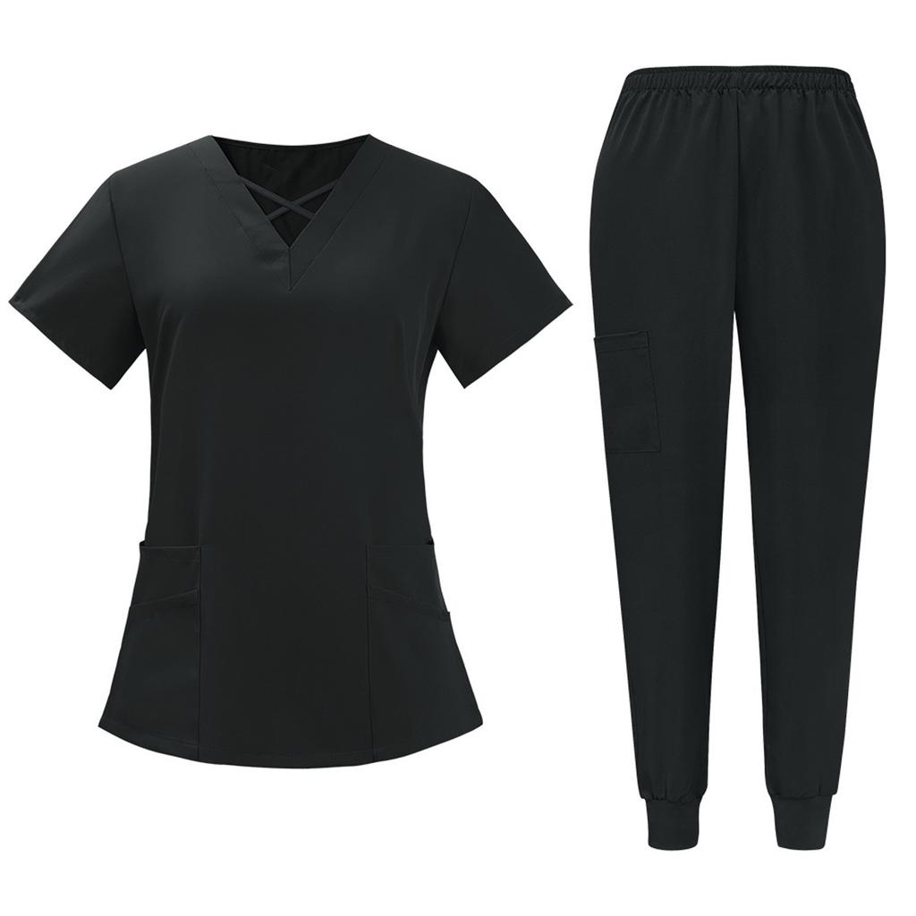 Women's Short Sleeved Solid Color V Neck Pocket Top Pants Work Clothes Two Piece Set