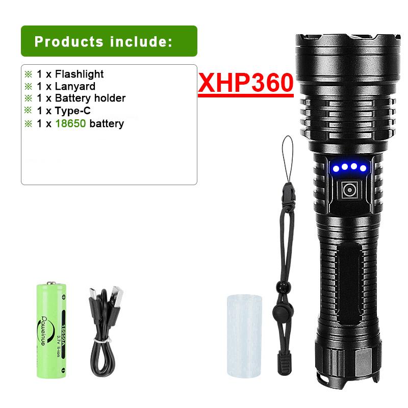 2024 Newest XHP 360 Super Bright High Power Flashlight Rechargeable 26650 Torch Outdoor Lighting Fishing Lantern Camping Light