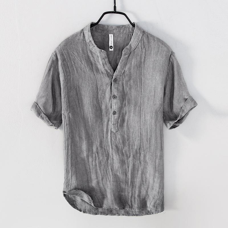 Men's Retro V-Neck Linen Stand Collar Short Sleeve T-Shirt - Plus Size, Thin & Breathable