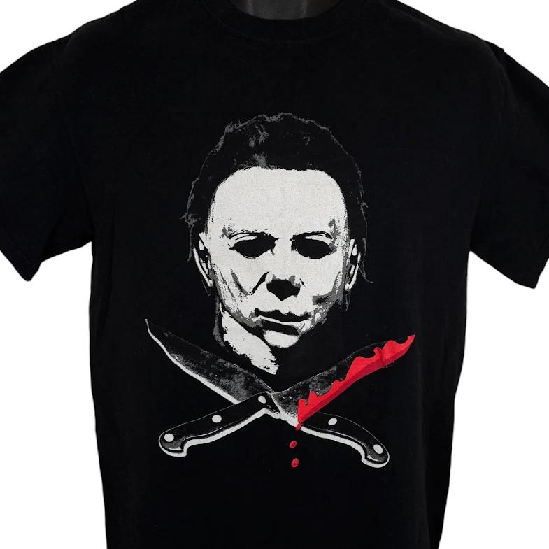 Halloween 100% Cotton T-shirt Mens Tees Top Mens Size Medium Black Michael Myers Horror Movie Promo Retro