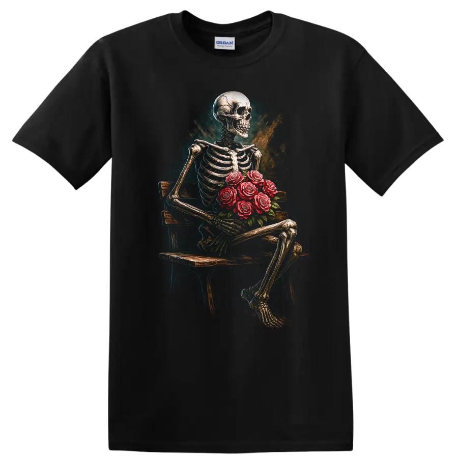 Skeleton Holding Roses T Shirt for Halloween Gothic Style Tee