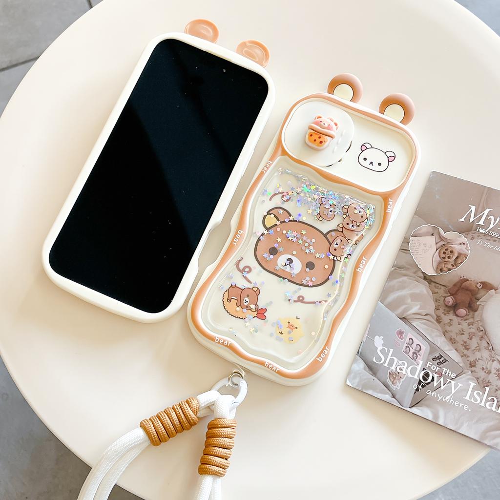 Для iPhone 11 12 13 14 15 16 17 Pro Max Блестки Ушки Рилаккума Раздвижное Окно Защита Камеры Чехол