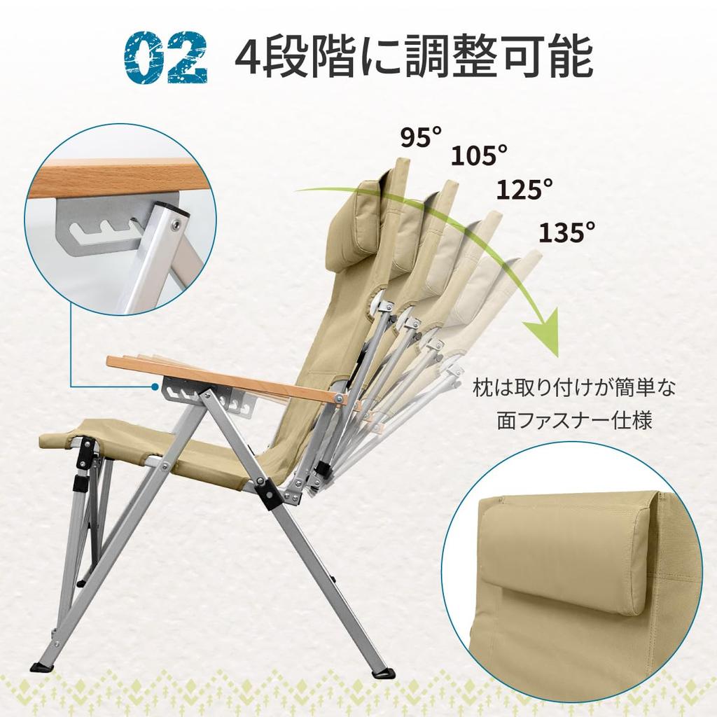 KOHAMI Уличный стул-шезлонг Складной Откидывающийся Подушка Задний Карман Легкий 4-х уровневый (черный)