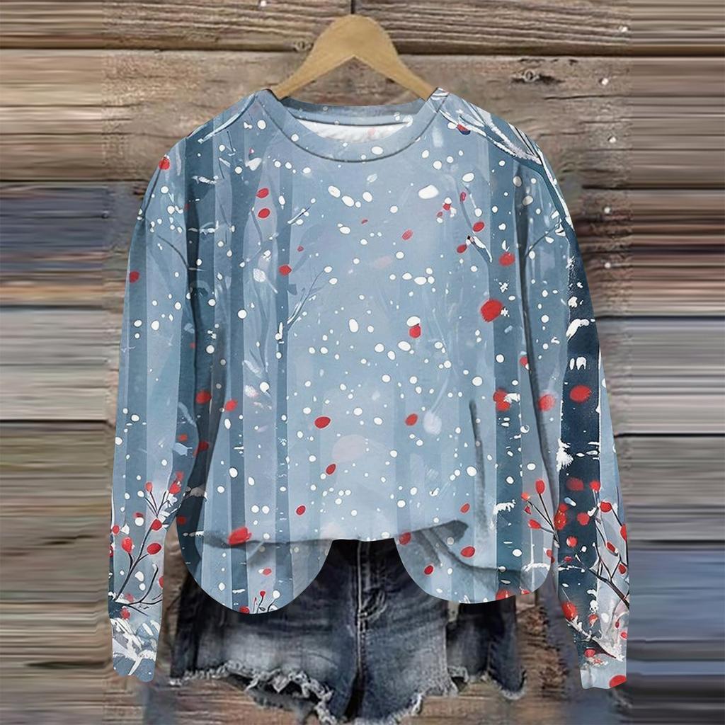 Женская мода круглый вырез пуловер длинный рукав футболка рождественский принт топ