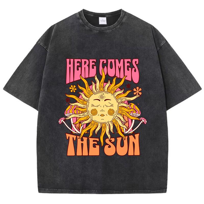 Женские футболки с кислотной стиркой Here Comes The Sun Printing Tees Distressed Oversize Cotton Short Sleeve Trend Female Clothing