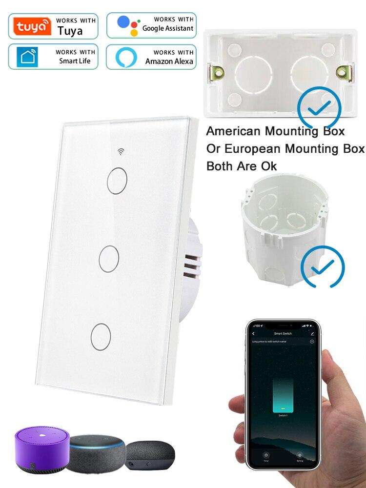 Tuya WiFi Smart Light Switch 1/2/3 Gang Сенсорный выключатель без нейтральной линии Управление по стандарту США с помощью приложения Работает с Alexa Google Home