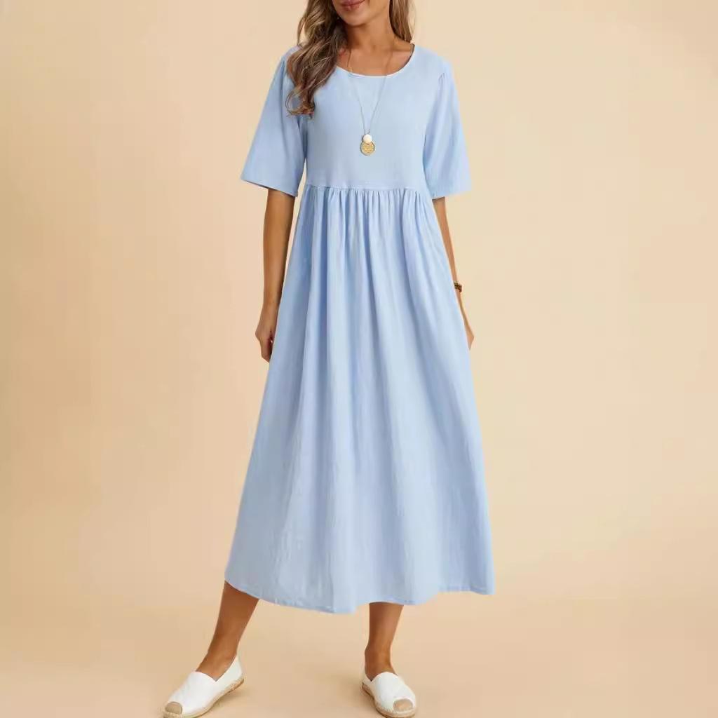 O Neck Loose Cotton Linen Pocket Long Dress Solid Color Women Half Sleeve Pleated Dresses
