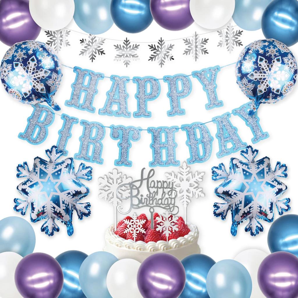 HaHaHa Frozen Snow Princess Elsa Birthday Decoration Balloon Set for Girls' Birthday Party Decorations, HAPPY BIRTHDAY Balloons, Garland, and Cake