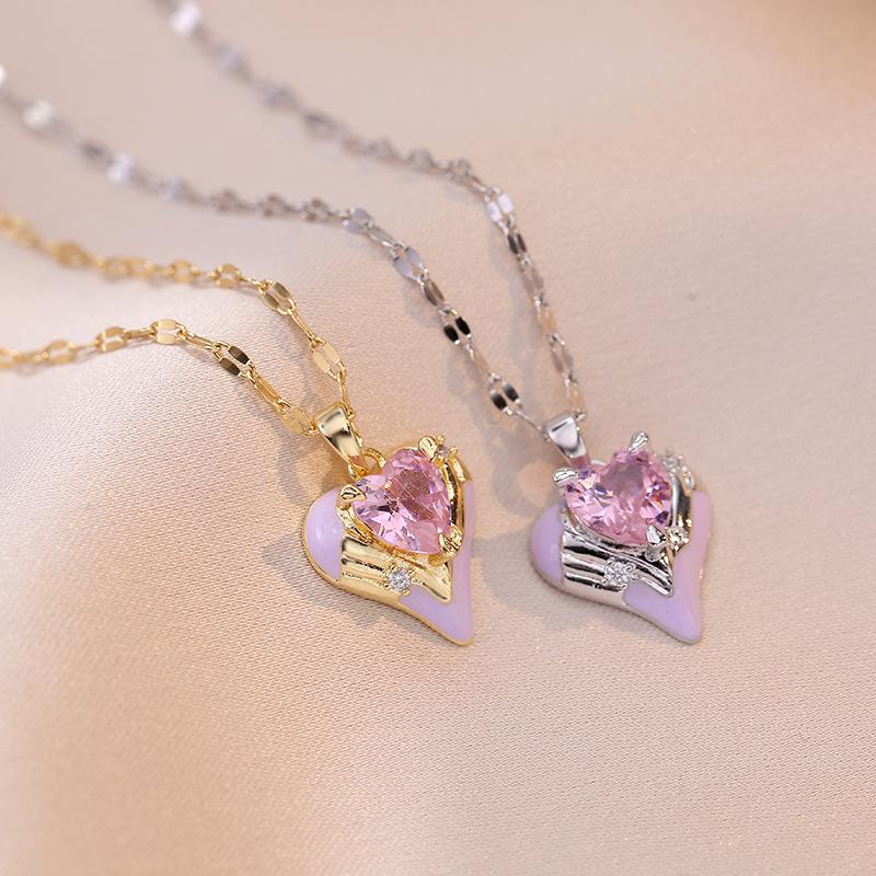 Pink Heart Shaped Zircon Pendant Necklace for Women 2023 New Fashion Gold Color Stainless Steel Chain Jewelry Wedding Party Accessories