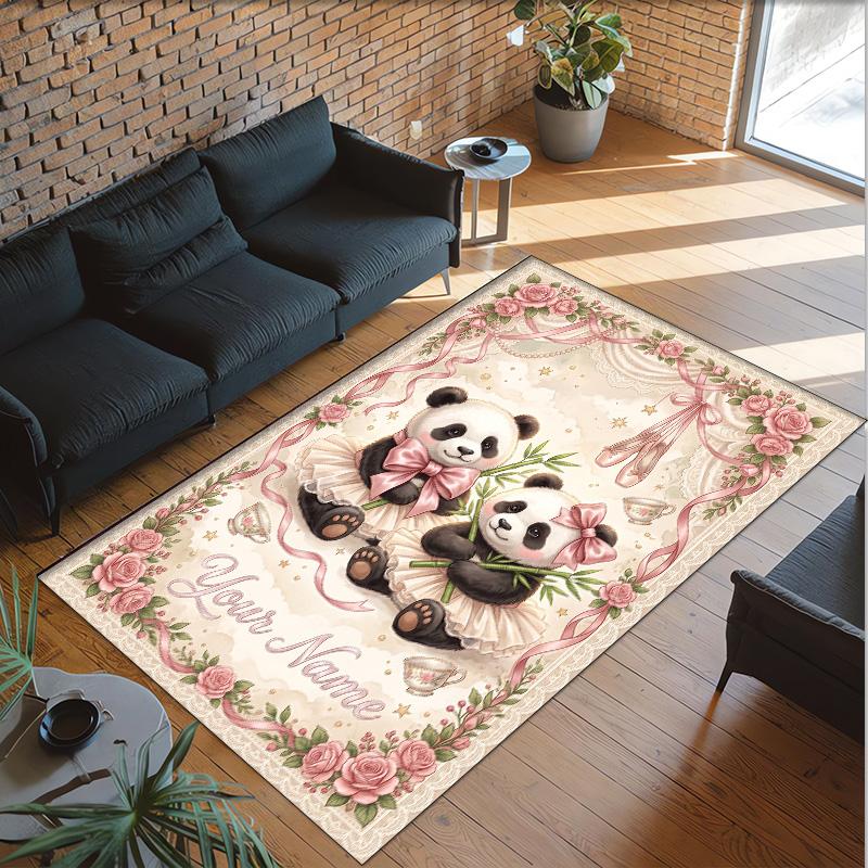 Panda Theme Crystal Velvet Rug Personalized Custom Name Text Soft Floor Mat Home Decor