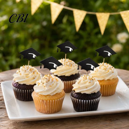 Stiff Wooden Skewer Topper 6 Pcs Graduation Cake Toppers, Mini Grad Cap Cupcake Black Photo-ready Decoration Glitter Food Appetizer Picks for Class of