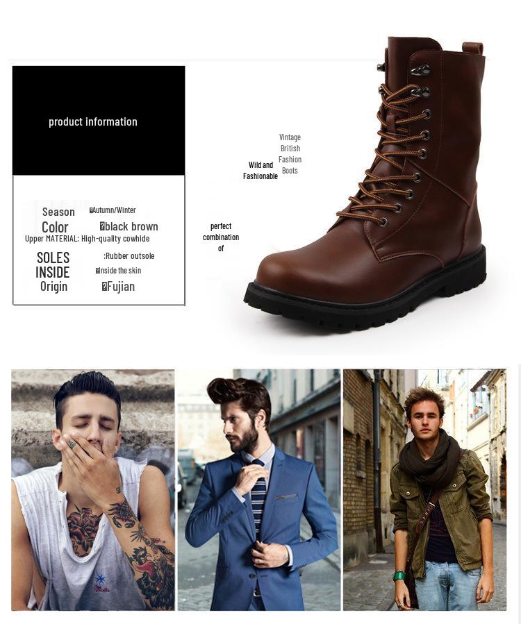 Кожаные ботинки в стиле милитари с высоким верхом, нескользящие, на флисовой подкладке - Легкие, износостойкие и теплые для походов и работы.